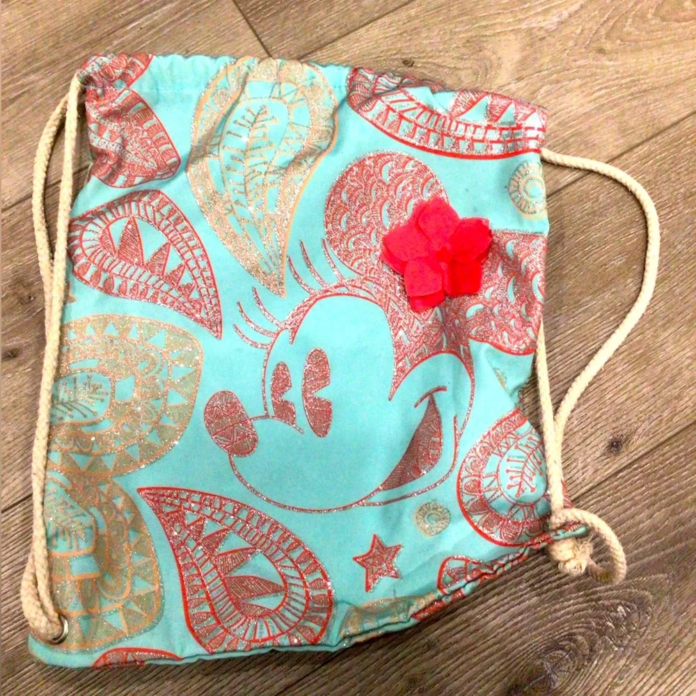 Disney Aulani Turquoise, Pink/Gold Glitter Drawstring Backpack
